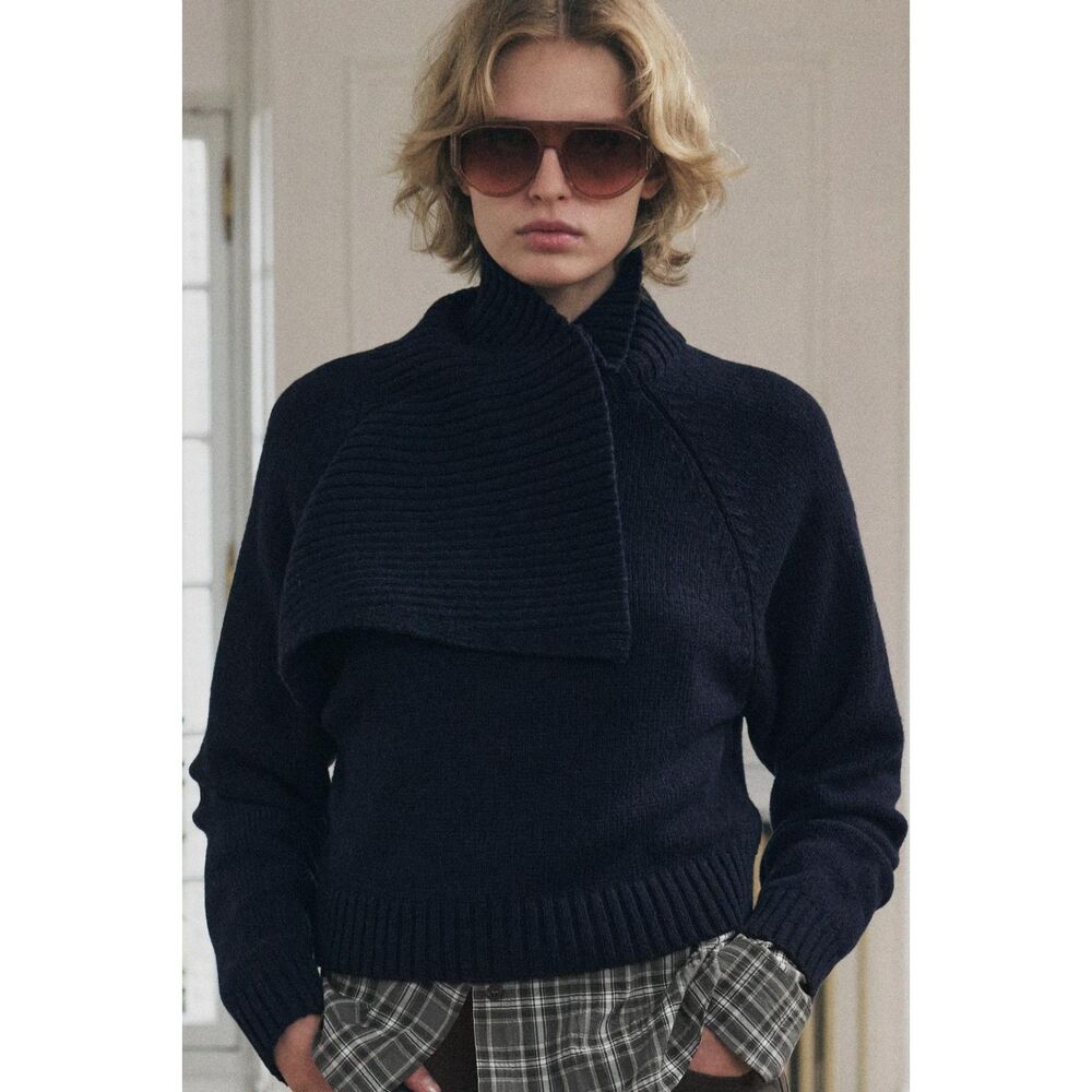 Navy Blue Zara Neck Scarf Long Sleeve Pullover Sweater (NWT)